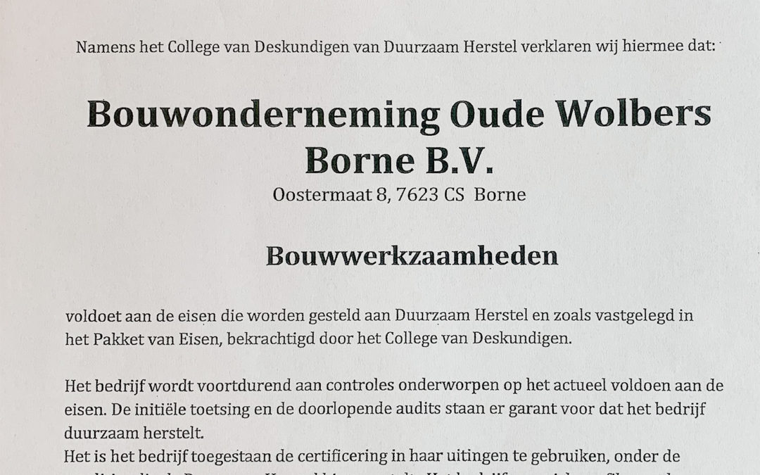 Certificaat Duurzaam Herstel voor Oude Wolbers